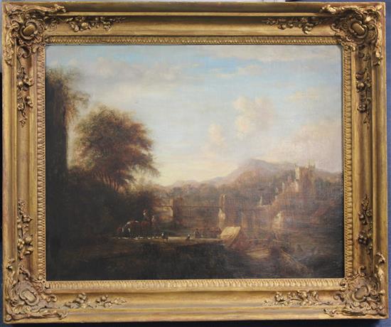 19th century English School Boatman beside a river, a castle beyond, 19 x 24in.